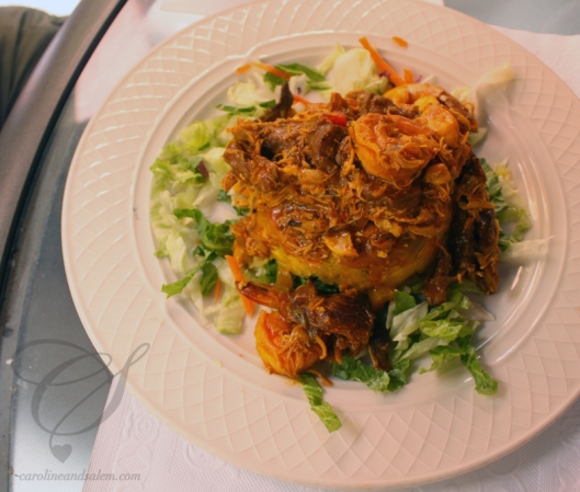 Salem's mofongo combo - beef, chicken, shrimp. Le combo mofongo de Salem: boeuf, poulet et crevettes. 